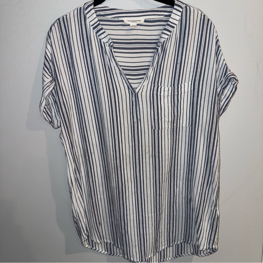 Beachlunchlounge Blue and White Striped Shirt V Neck Pocket Small Petite - Picture 1 of 10